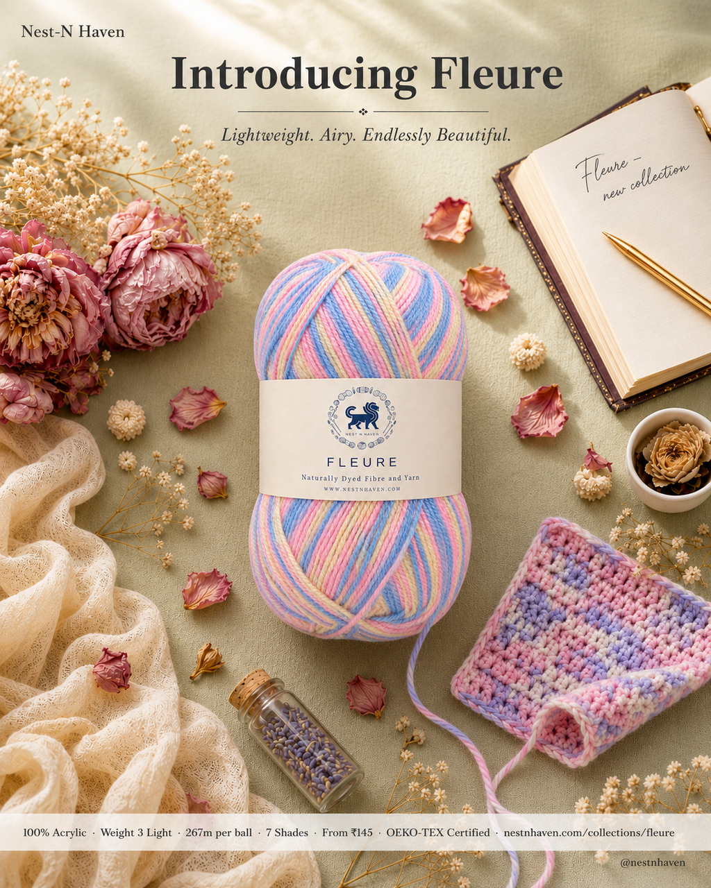 Fleure Yarn – Lightweight Knitting & Crochet acrylic Yarn , 100 grams  | Nest-N Haven | Shade - Banana split