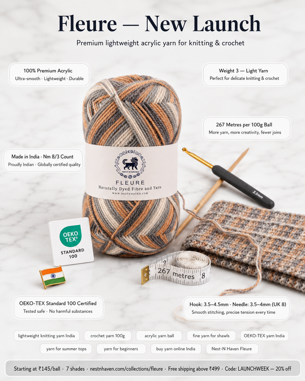 Fleure Yarn – Lightweight Knitting & Crochet acrylic Yarn , 100 grams  | Nest-N Haven | Shade - Chocochip