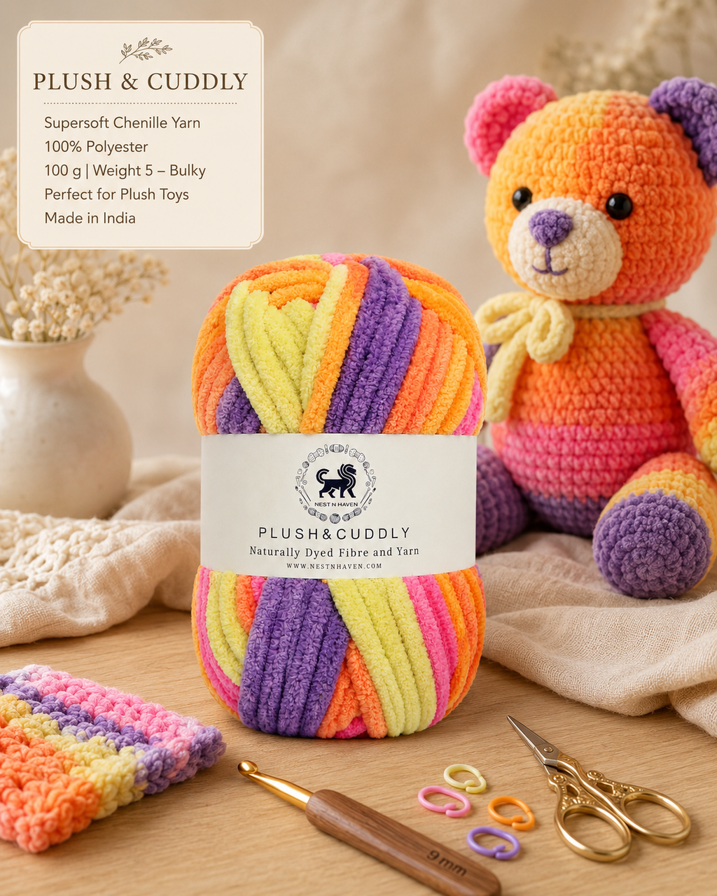 Plush & Cuddly Yarn – Super Soft Knitting  Multi Colour Yarn Ball Suitable for Craft, Babywear, Baby Blankets, 5 Bulky | Nest-N Haven| Shade no- 19