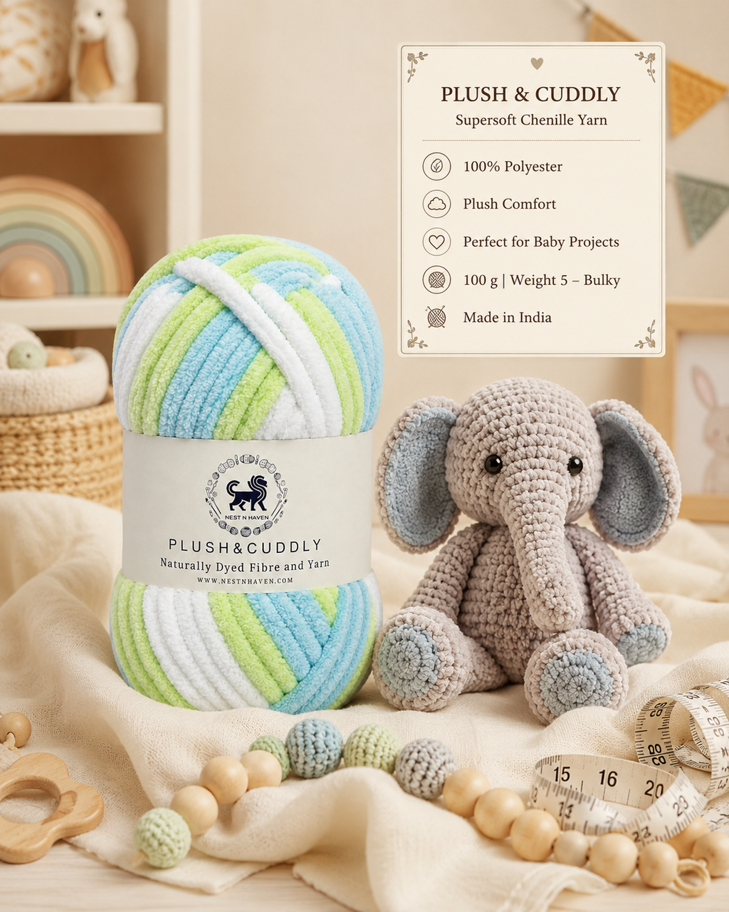 Plush & Cuddly Yarn – Super Soft Knitting  Multi Colour Yarn Ball Suitable for Craft, Babywear, Baby Blankets, 5 Bulky | Nest-N Haven| Shade no- 1