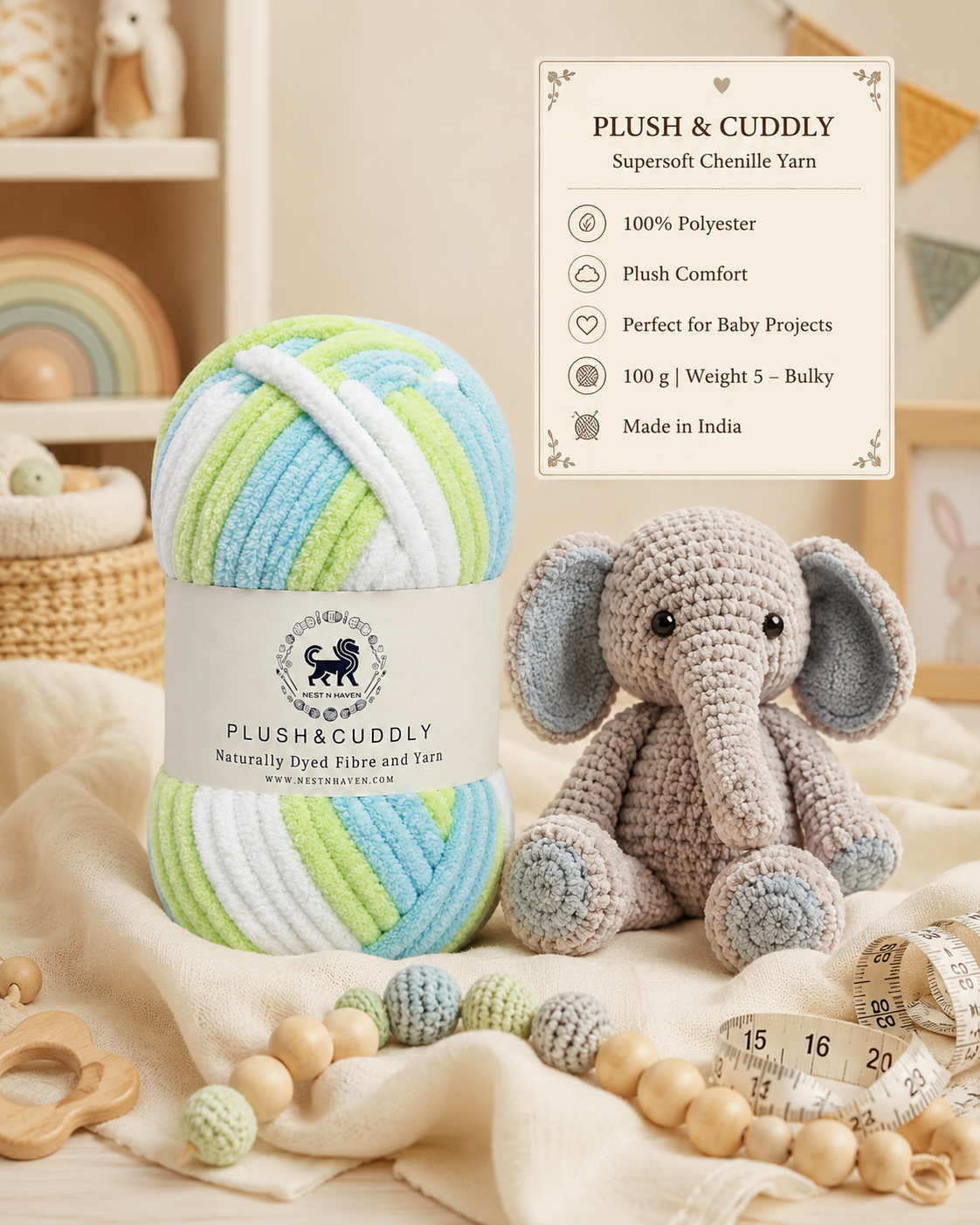 Plush & Cuddly Yarn – Super Soft Knitting  Multi Colour Yarn Ball Suitable for Craft, Babywear, Baby Blankets, 5 Bulky | Nest-N Haven| Shade no- 1