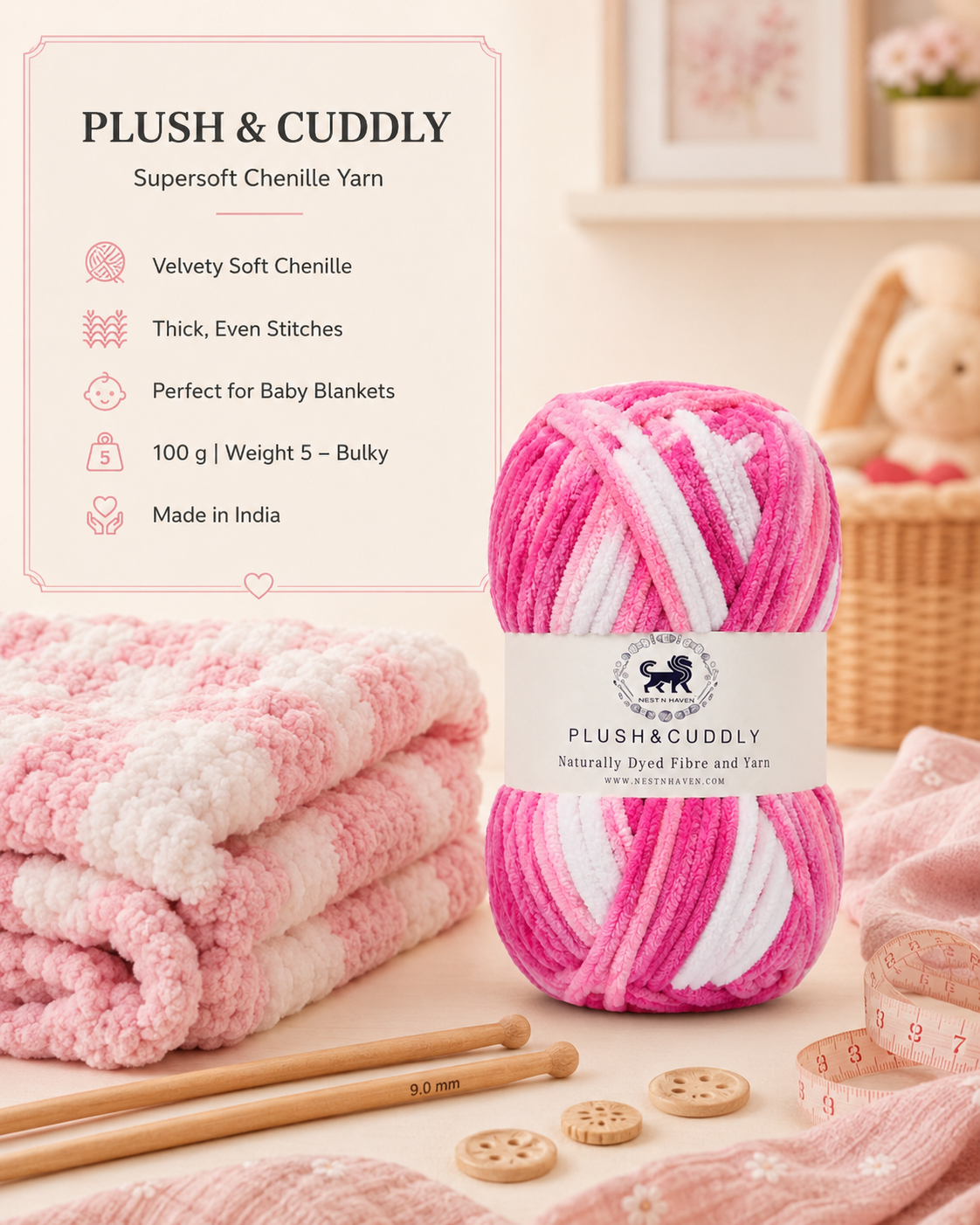 Plush & Cuddly Yarn – Super Soft Knitting  Multi Colour Yarn Ball Suitable for Craft, Babywear, Baby Blankets, 5 Bulky | Nest-N Haven| Shade no- 6