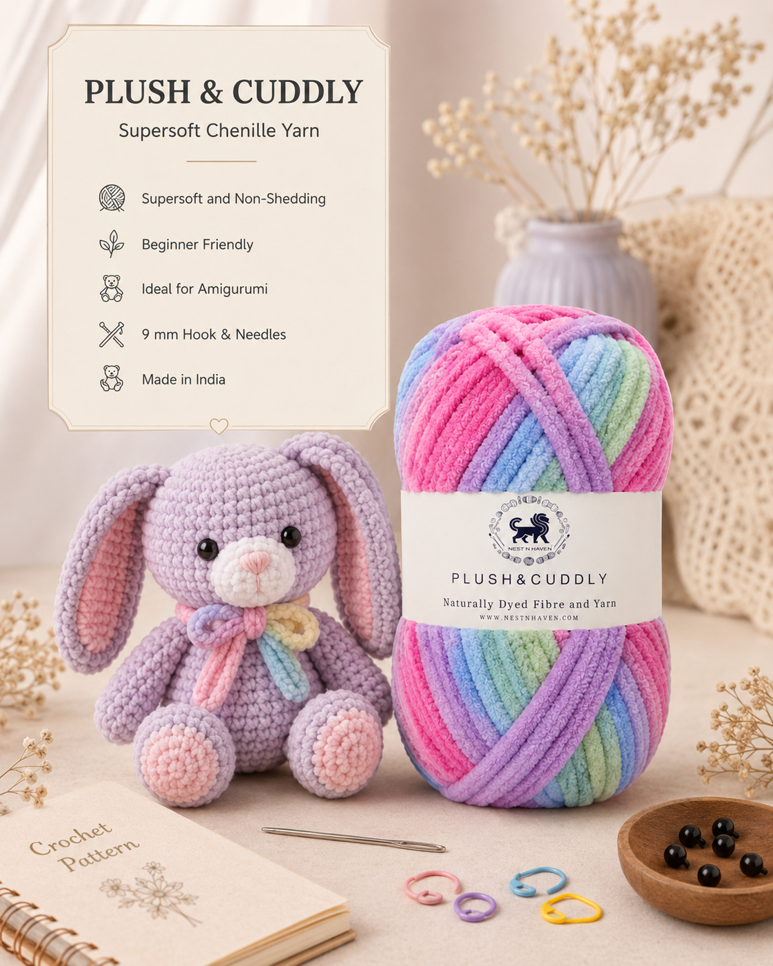 Plush & Cuddly Yarn – Super Soft Knitting  Multi Colour Yarn Ball Suitable for Craft, Babywear, Baby Blankets, 5 Bulky | Nest-N Haven| Shade no- 10
