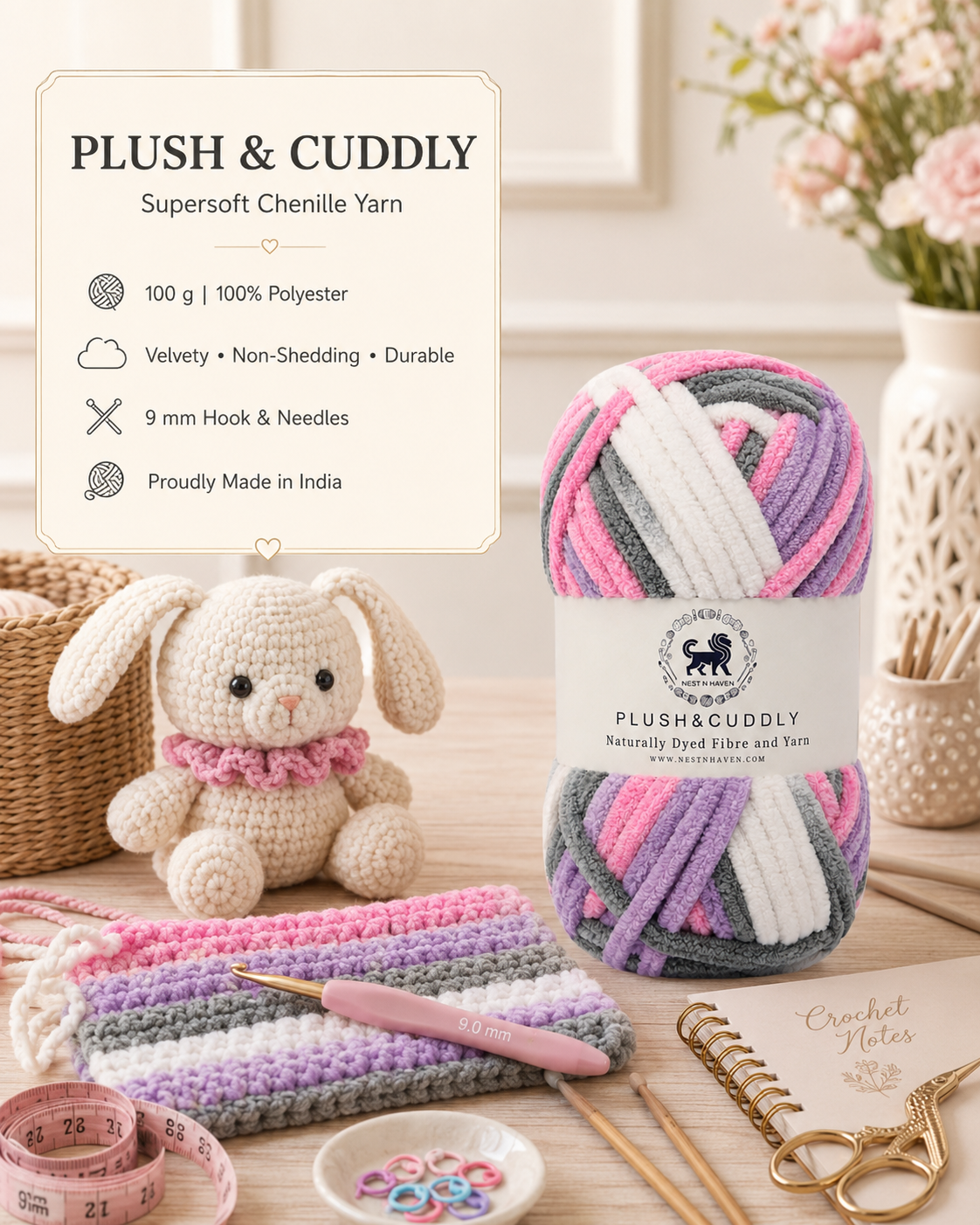 Plush & Cuddly Yarn – Super Soft Knitting  Multi Colour Yarn Ball Suitable for Craft, Babywear, Baby Blankets, 5 Bulky | Nest-N Haven| Shade no- 16
