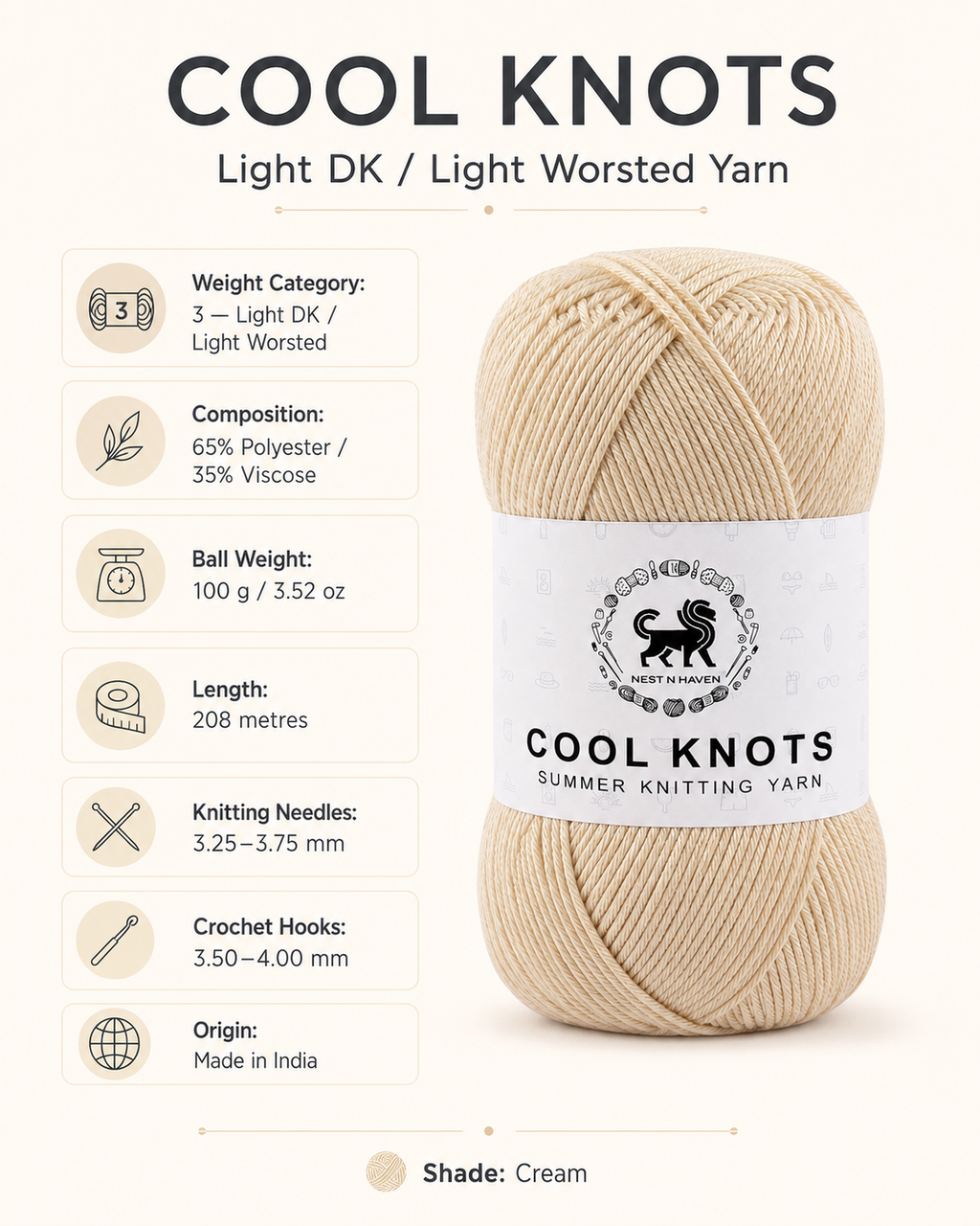 Cool Knots, Polyester Blend Hand Knitting Yarn (100g) - Luxury Yarn for Crochet, Knitting, Amigurumi, Embroidery, Toys, Garments, Flowers and Hobby Projects shade- Beige
