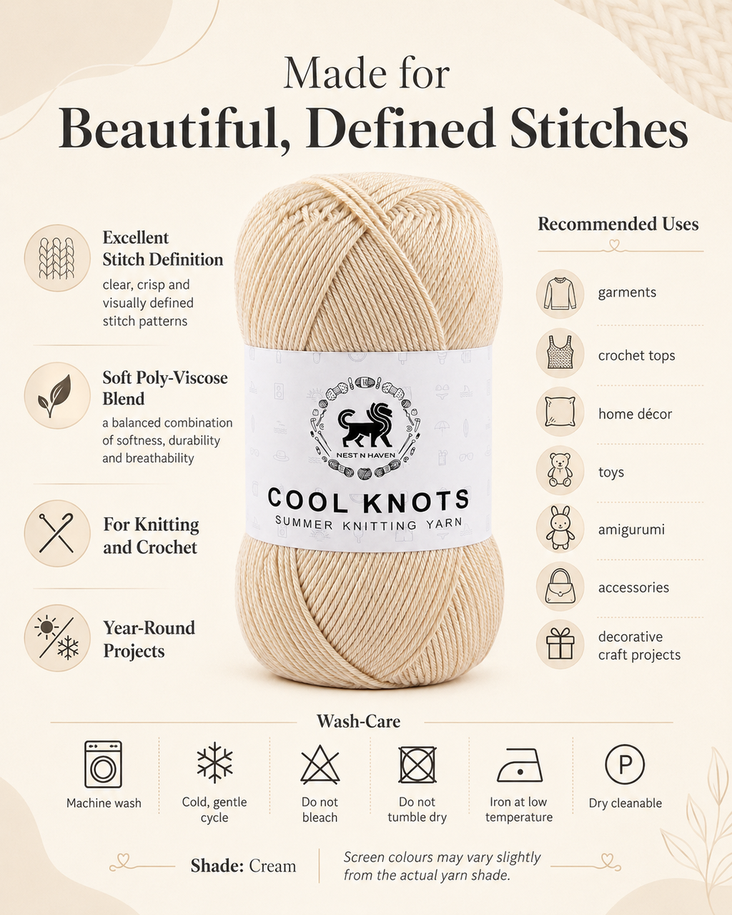 Cool Knots, Polyester Blend Hand Knitting Yarn (100g) - Luxury Yarn for Crochet, Knitting, Amigurumi, Embroidery, Toys, Garments, Flowers and Hobby Projects shade- Beige