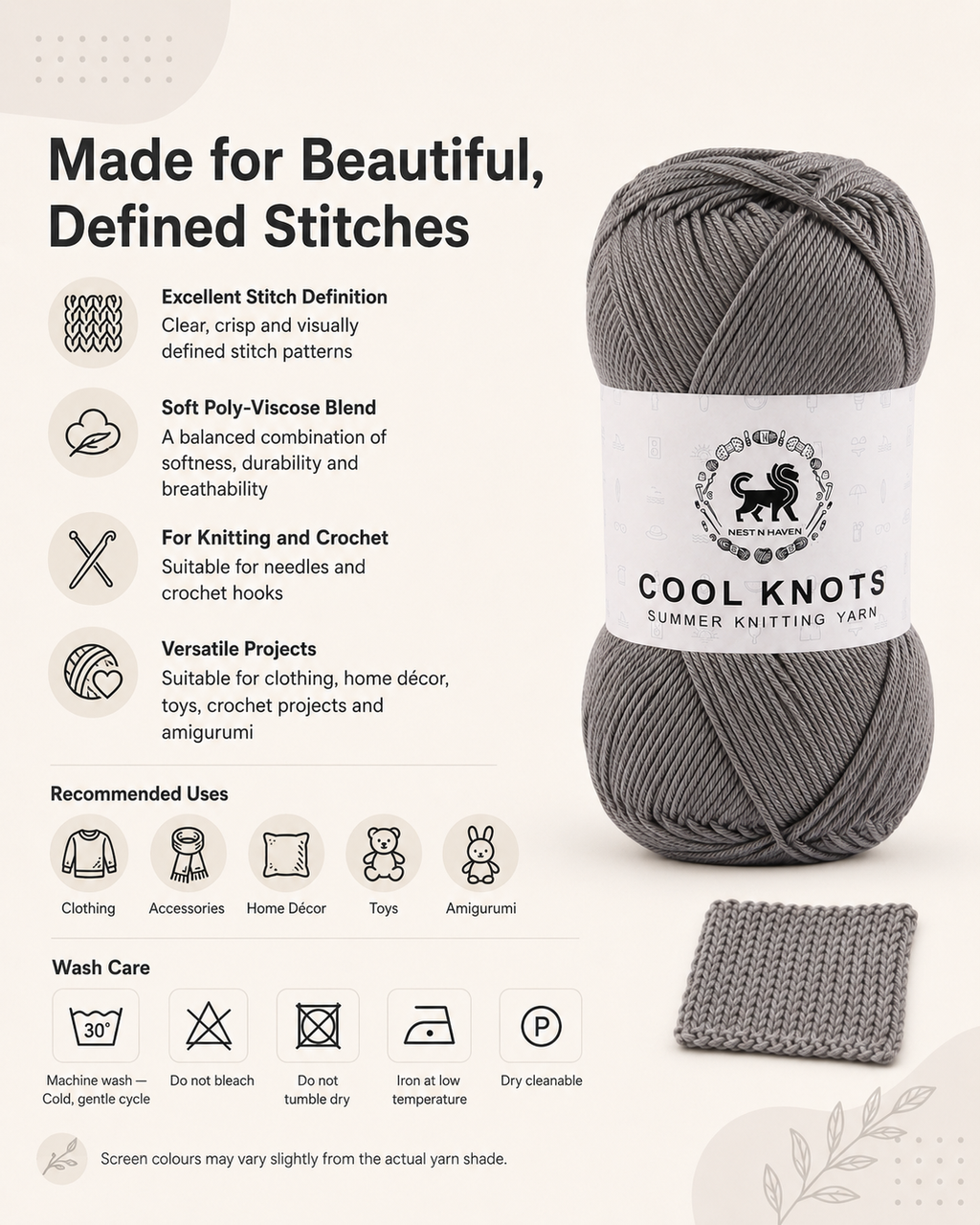 Cool Knots, Polyester Blend Hand Knitting Yarn (100g) - Luxury Yarn for Crochet, Knitting, Amigurumi, Embroidery, Toys, Garments, Flowers and Hobby Projects shade- Dark Grey