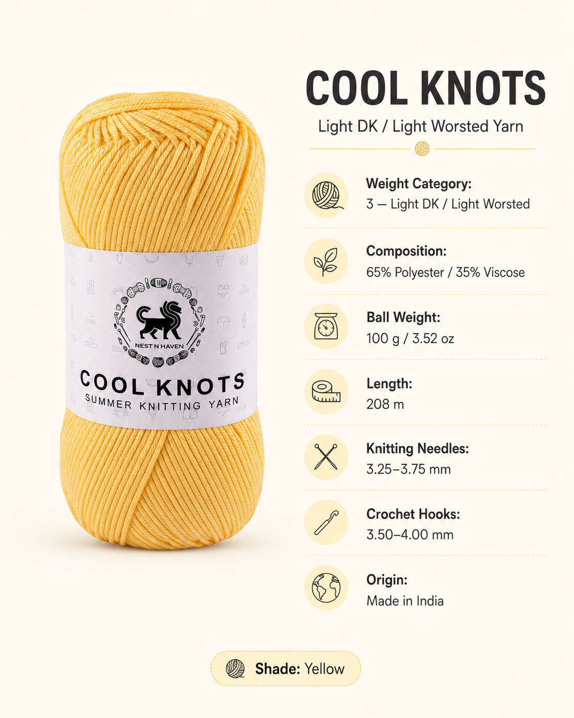 Cool Knots, Polyester Blend Hand Knitting Yarn (100g) - Luxury Yarn for Crochet, Knitting, Amigurumi, Embroidery, Toys, Garments, Flowers and Hobby Projects shade- Yellow