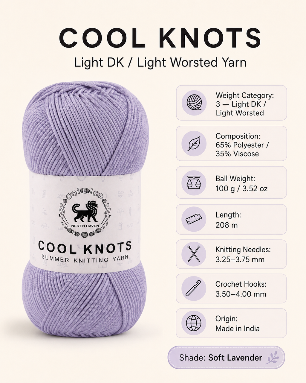 Cool Knots, Polyester Blend Hand Knitting Yarn (100g) - Luxury Yarn for Crochet, Knitting, Amigurumi, Embroidery, Toys, Garments, Flowers and Hobby Projects shade- Lilac