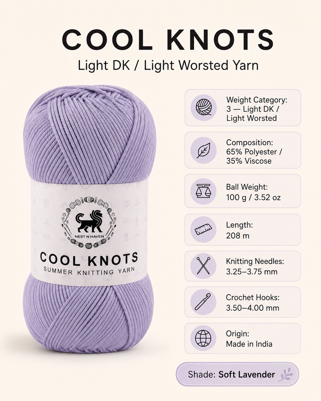 Cool Knots, Polyester Blend Hand Knitting Yarn (100g) - Luxury Yarn for Crochet, Knitting, Amigurumi, Embroidery, Toys, Garments, Flowers and Hobby Projects shade- Lilac