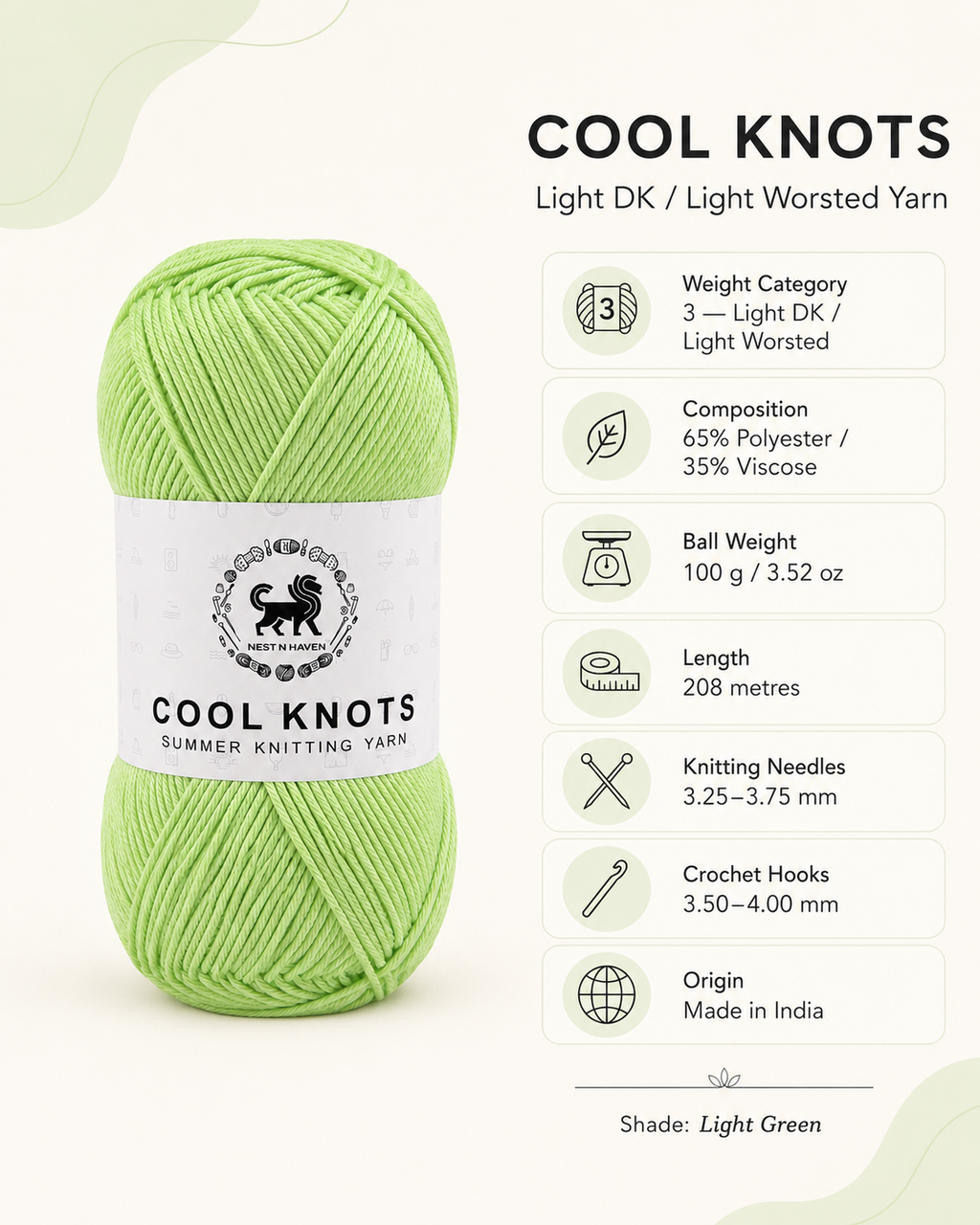 Cool Knots, Polyester Blend Hand Knitting Yarn (100g) - Luxury Yarn for Crochet, Knitting, Amigurumi, Embroidery, Toys, Garments, Flowers and Hobby Projects shade- Green