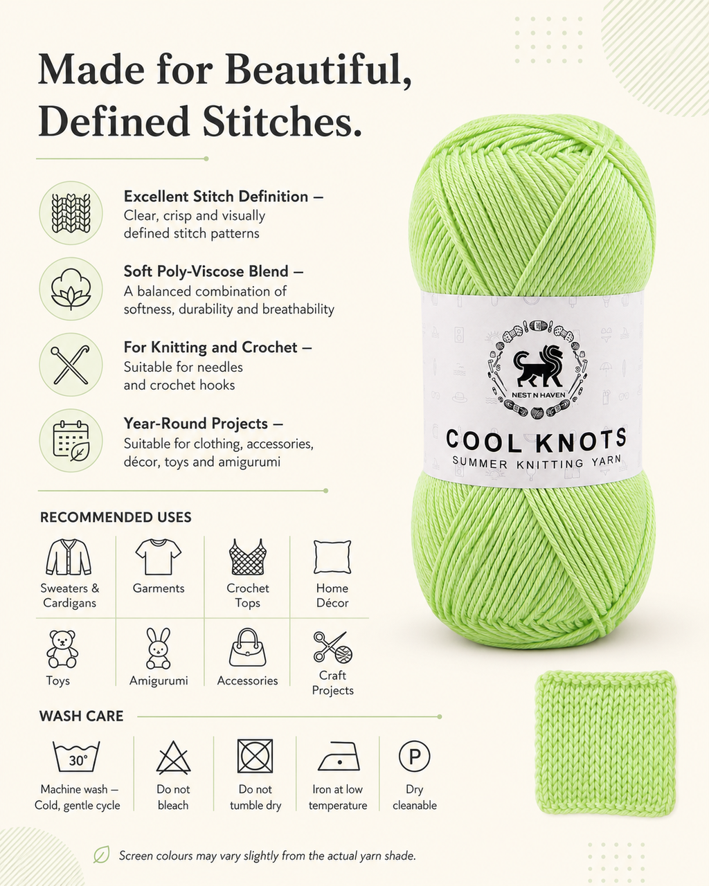 Cool Knots, Polyester Blend Hand Knitting Yarn (100g) - Luxury Yarn for Crochet, Knitting, Amigurumi, Embroidery, Toys, Garments, Flowers and Hobby Projects shade- Green