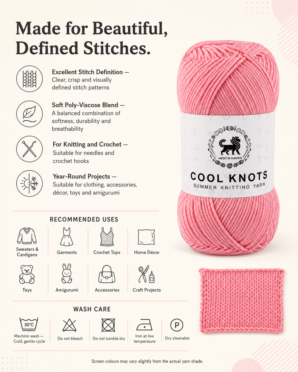 Cool Knots, Polyester Blend Hand Knitting Yarn (100g) - Luxury Yarn for Crochet, Knitting, Amigurumi, Embroidery, Toys, Garments, Flowers and Hobby Projects shade- Baby Pink