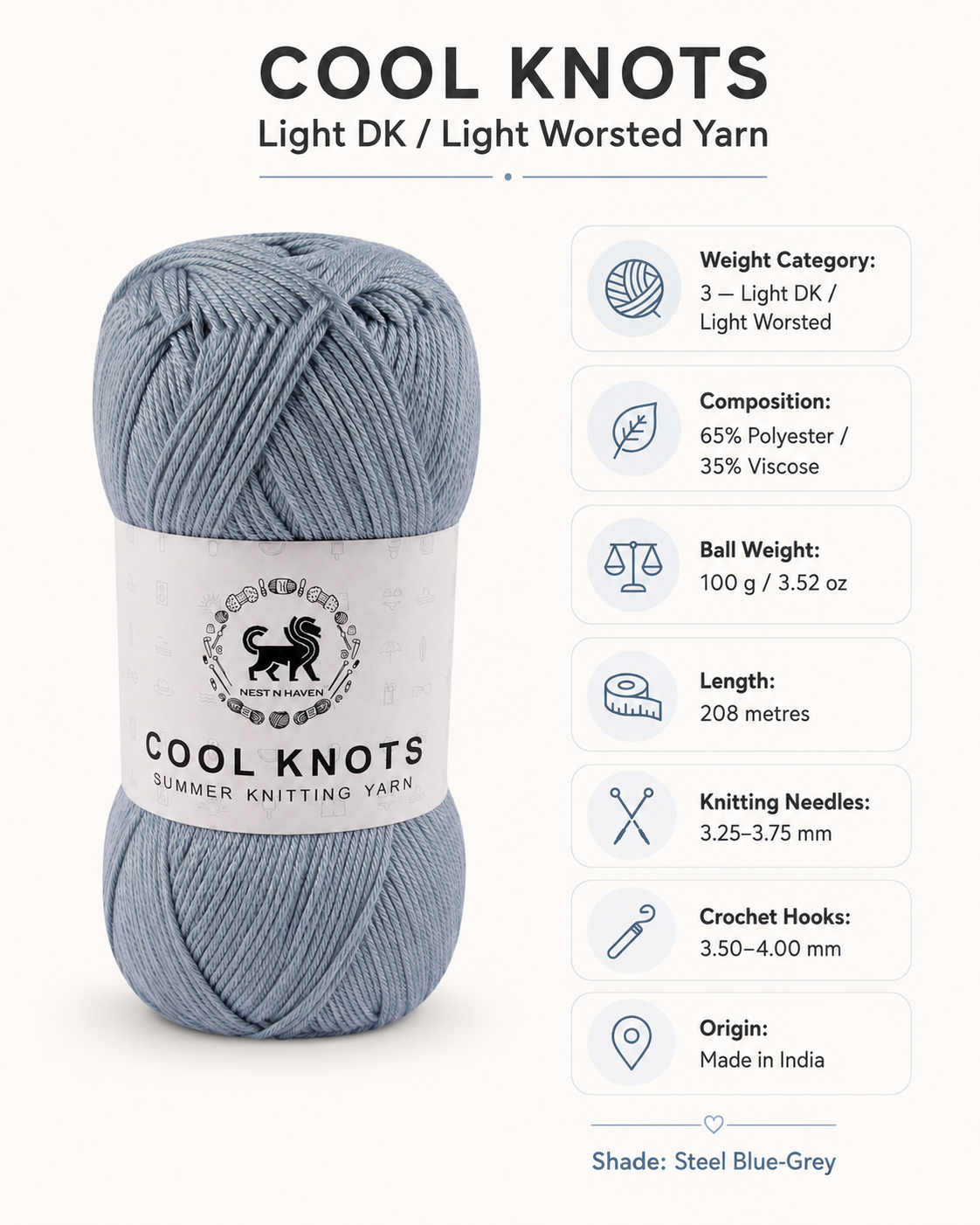Cool Knots, Polyester Blend Hand Knitting Yarn (100g) - Luxury Yarn for Crochet, Knitting, Amigurumi, Embroidery, Toys, Garments, Flowers and Hobby Projects shade-