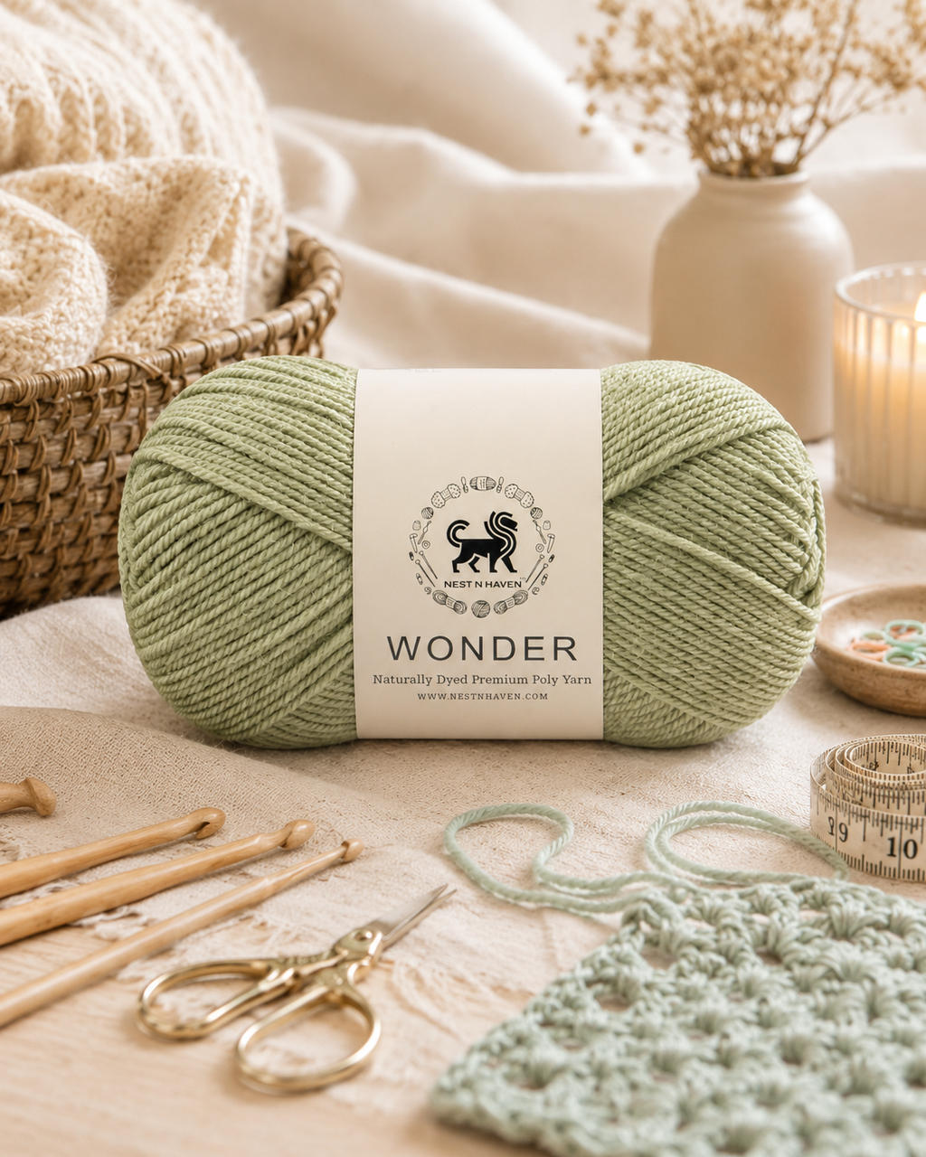 NESTNHAVEN,Wonder,Poly Yarn Supersoft Hand Knitting Wool Ball,(1 Ball/100 Gram Each) Ball Suitable For Craft,Crochet,Amigurumi,Garments,Flowers And Hobby Projects,2 Fine , Shade - Sage Green