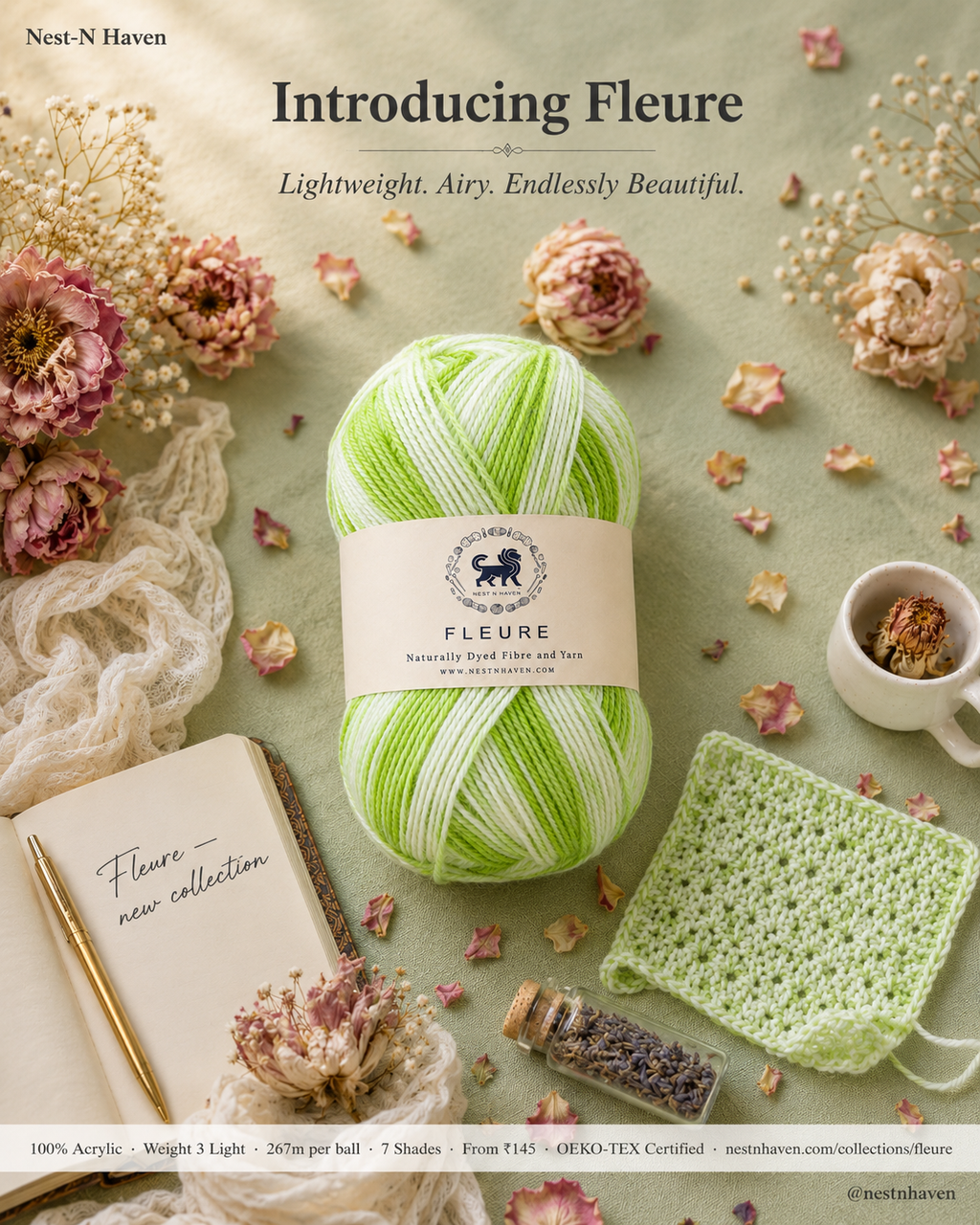Fleure Yarn SE  – Lightweight Knitting & Crochet acrylic Yarn , 100 grams  | Nest-N Haven | Shade - Green Apple Swirl