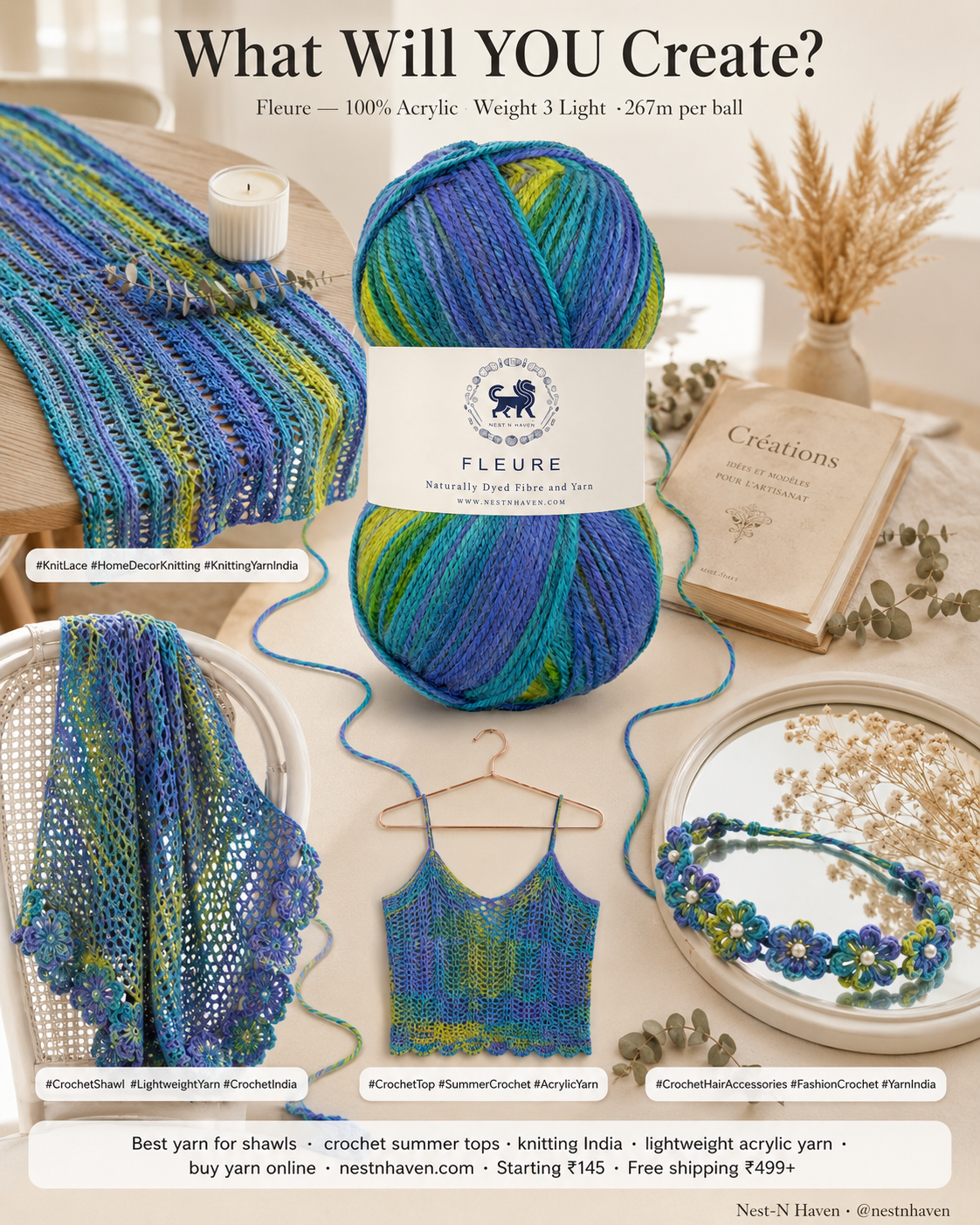 Fleure Yarn SE  – Lightweight Knitting & Crochet acrylic Yarn , 100 grams  | Nest-N Haven | Shade - Peacock Green Prism