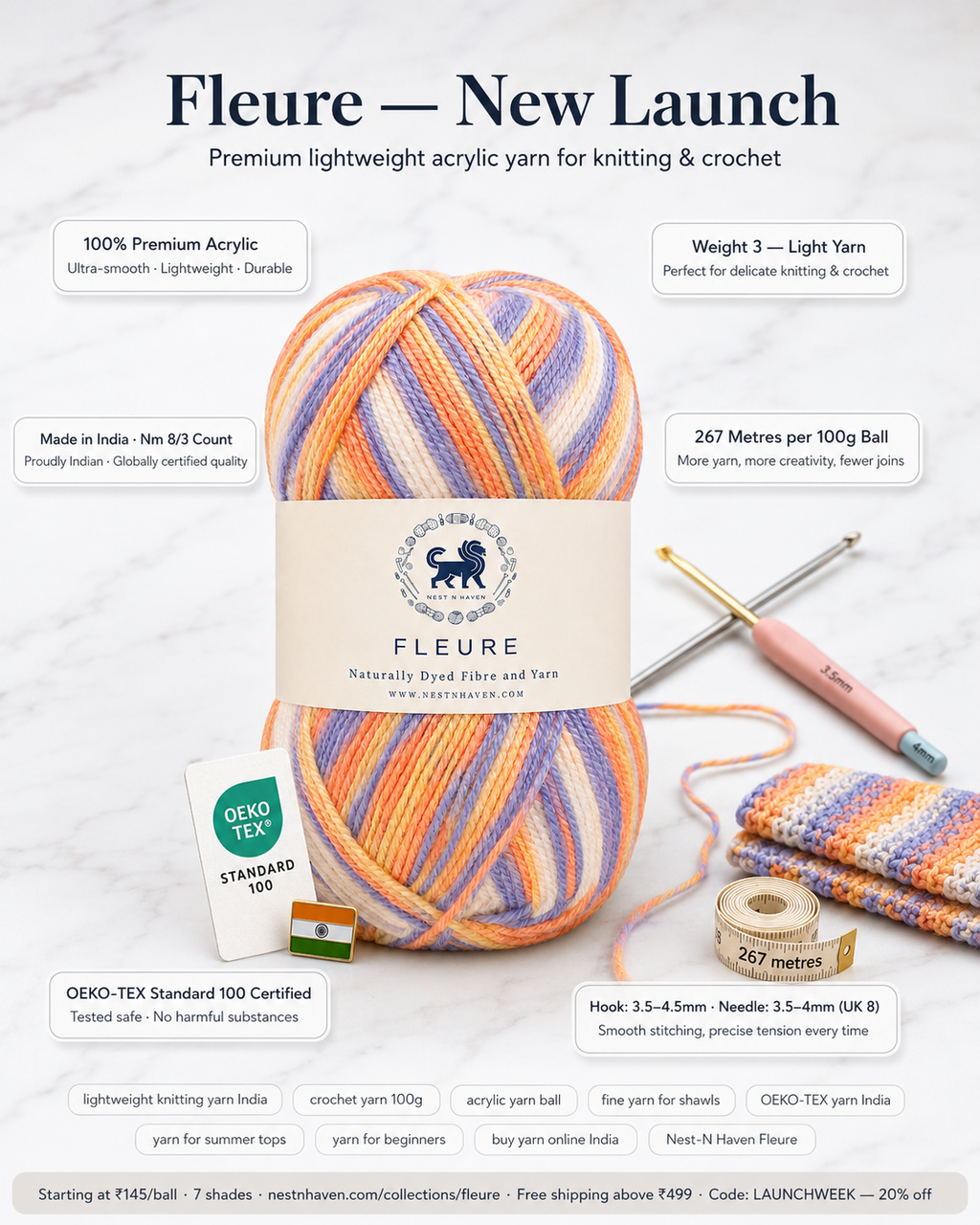 Fleure Yarn  – Lightweight Knitting & Crochet acrylic Yarn , 100 grams  | Nest-N Haven | Shade - Sunrise Sundae
