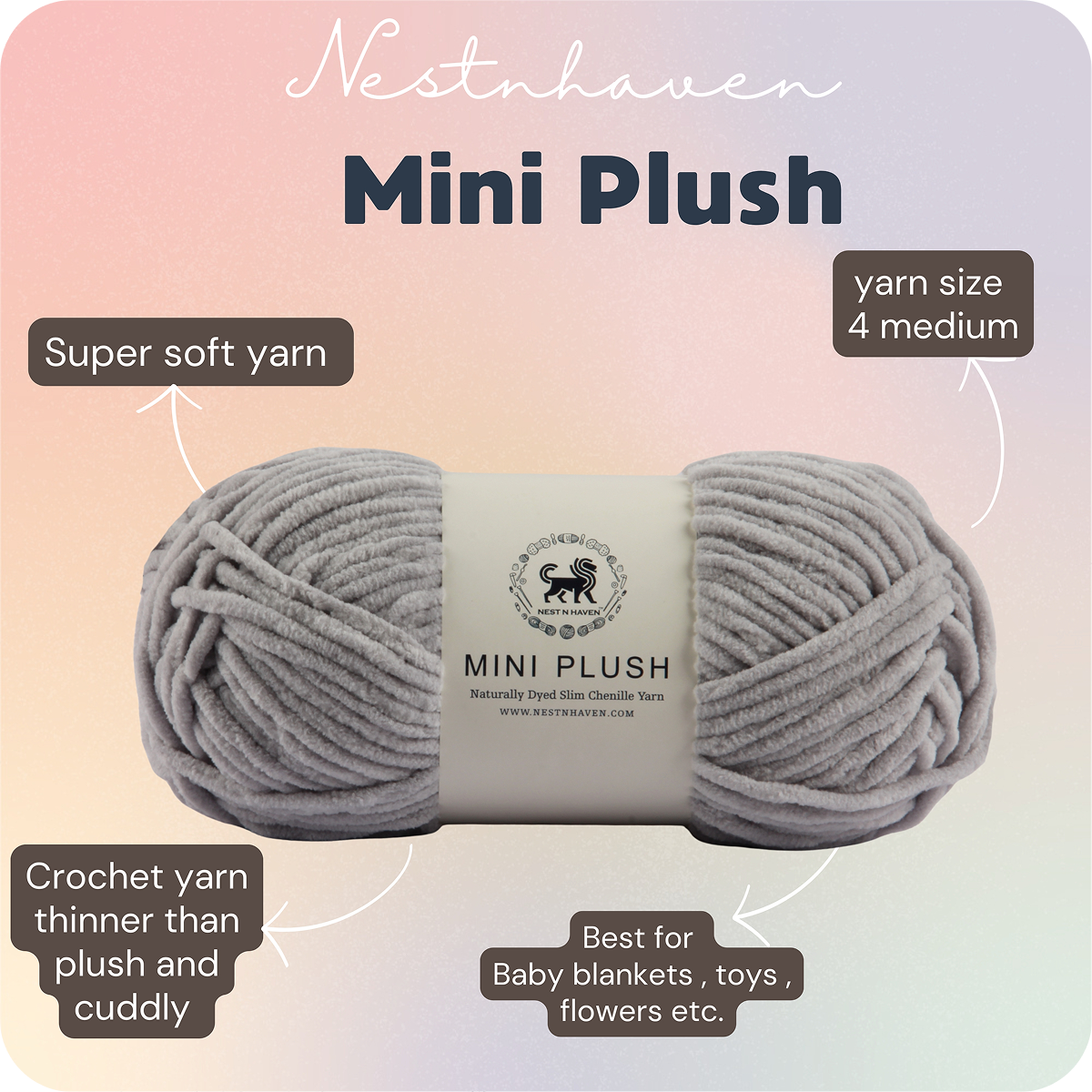 MINI Plush Chenille Yarn (100 gram) - Grey