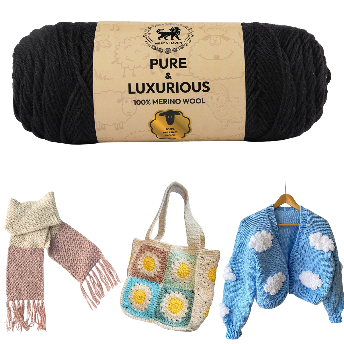 Pure and Luxurious 100% Merino Wool (100 gram) -  Black