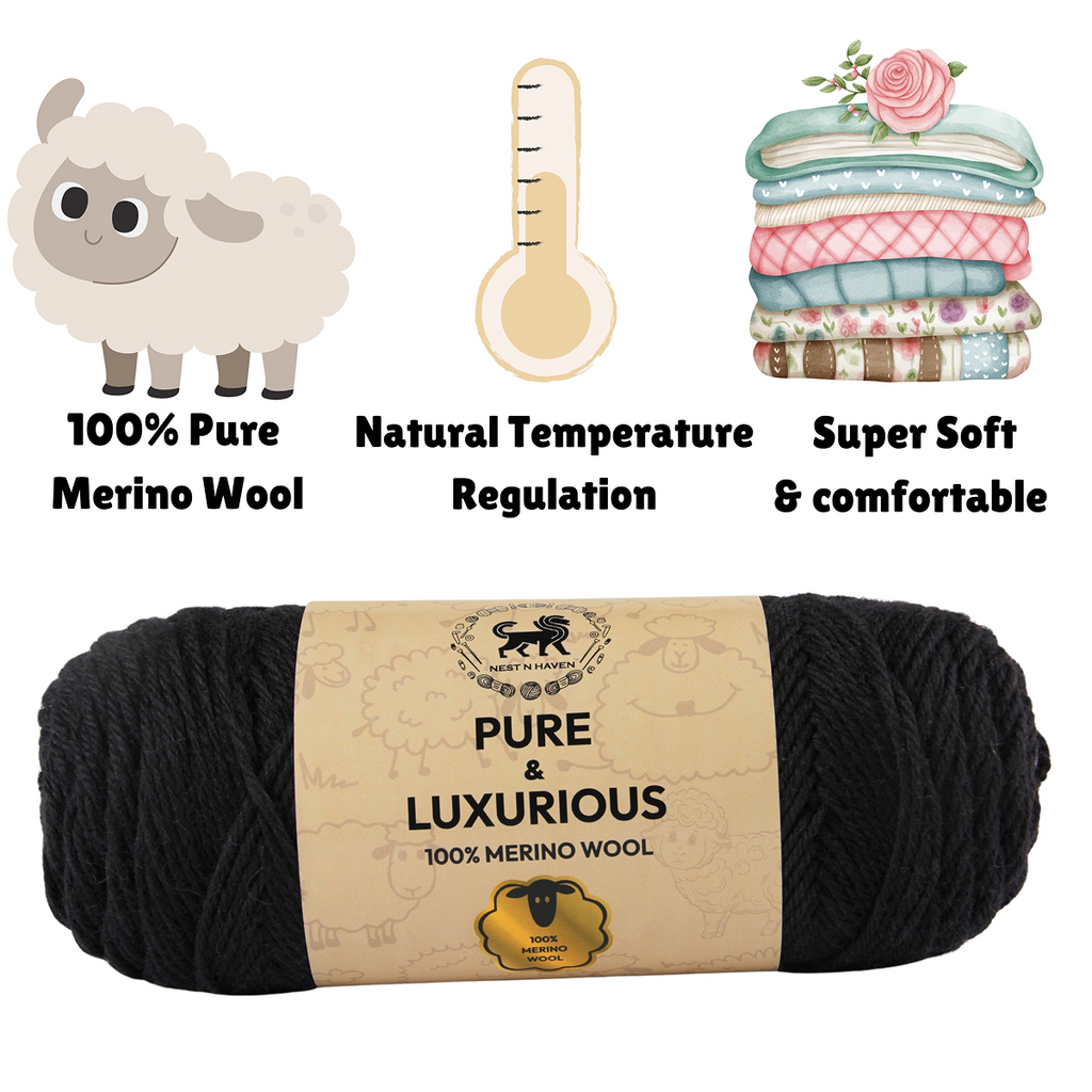 Pure and Luxurious 100% Merino Wool (100 gram) -  Black