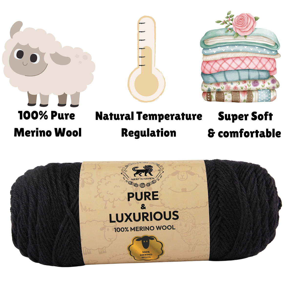 Pure and Luxurious 100% Merino Wool (100 gram) -  Black