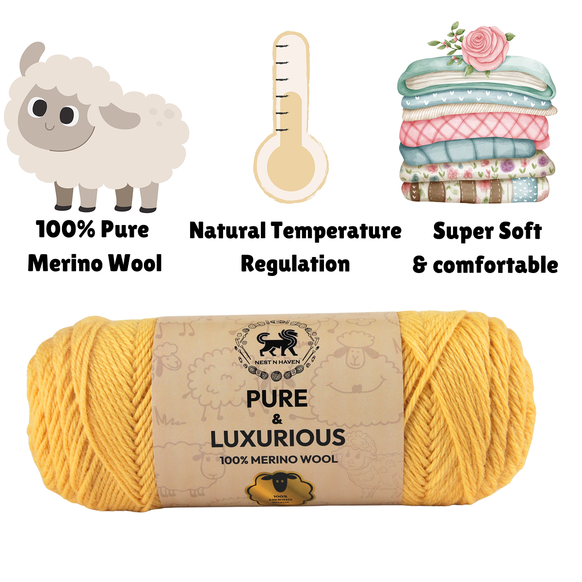 Pure and Luxurious 100% Merino Wool (100 gram) -  Yellow