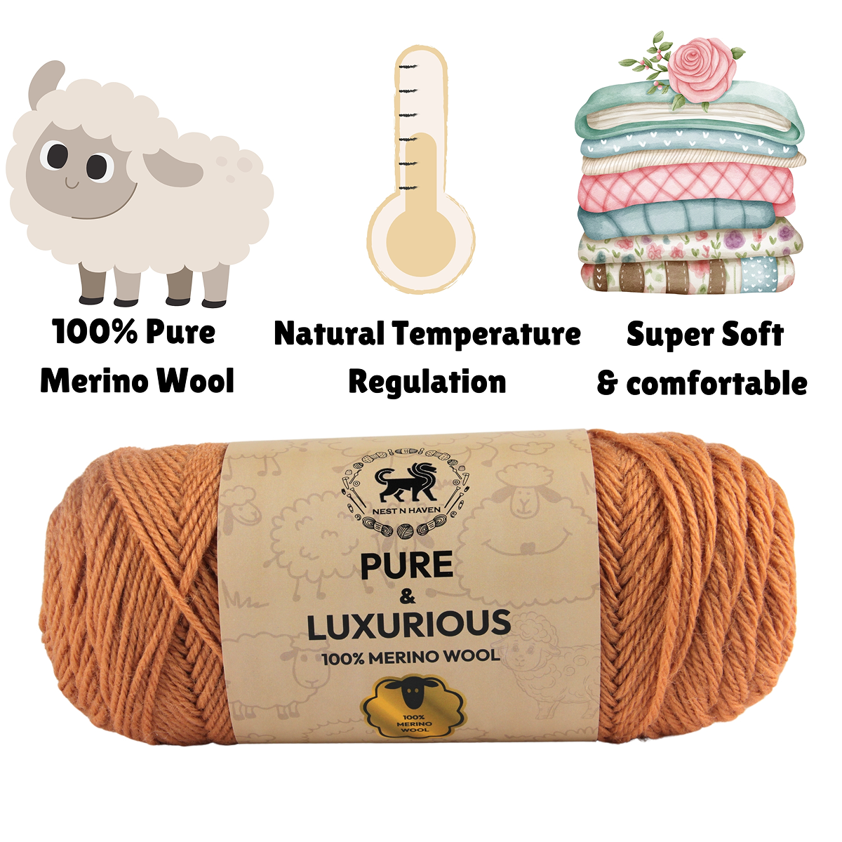 Pure and Luxurious 100% Merino Wool (100 gram) -  Light Brown