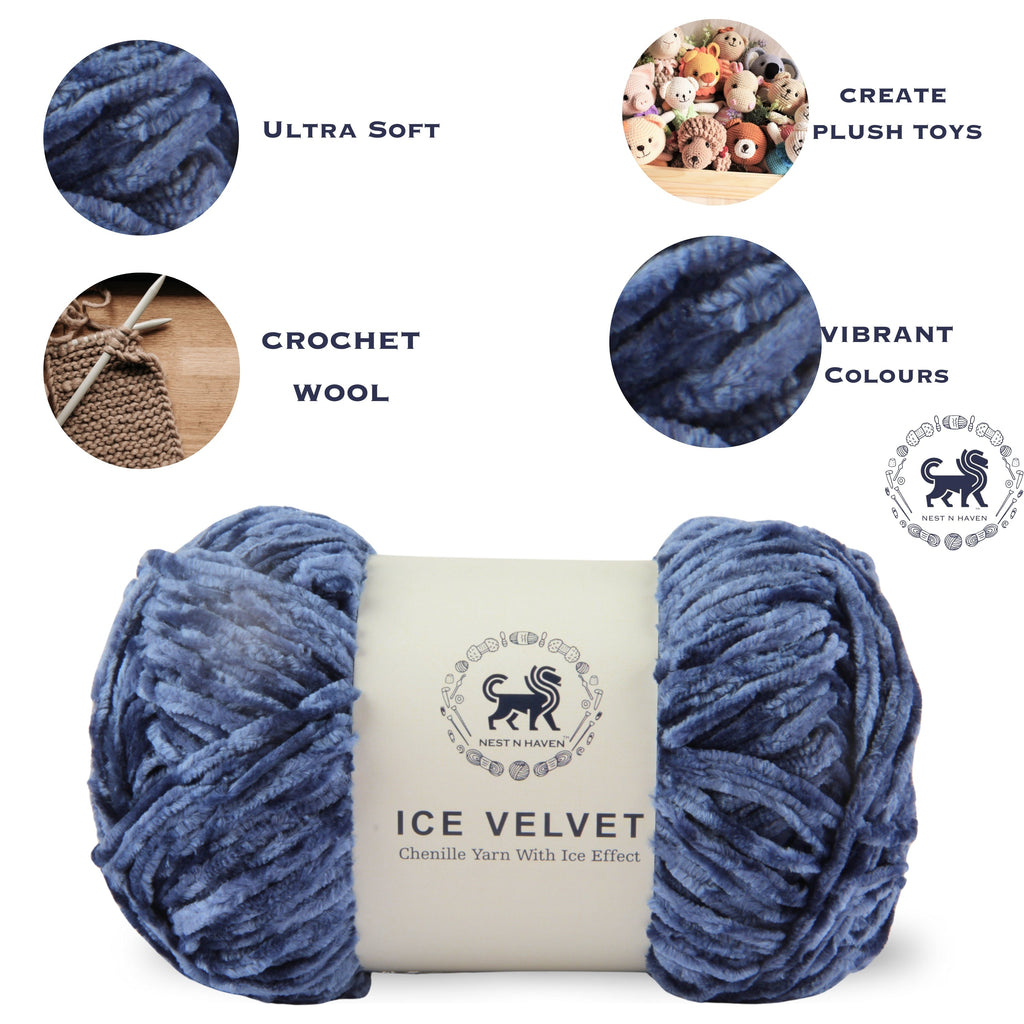 Ice Velvet Yarn, Chenille Supersoft Hand Knitting yarn Ball: (100 Gram) Denim Blue