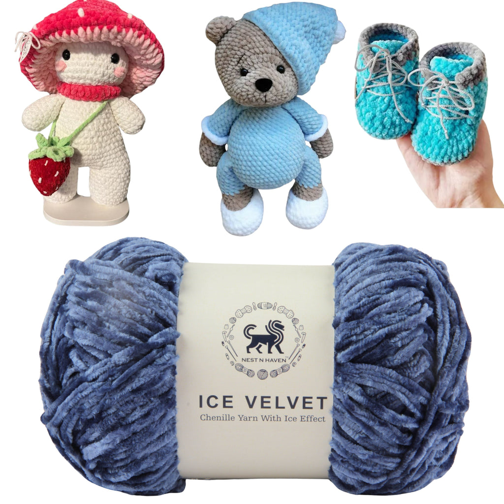 Ice Velvet Yarn, Chenille Supersoft Hand Knitting yarn Ball: (100 Gram) Denim Blue