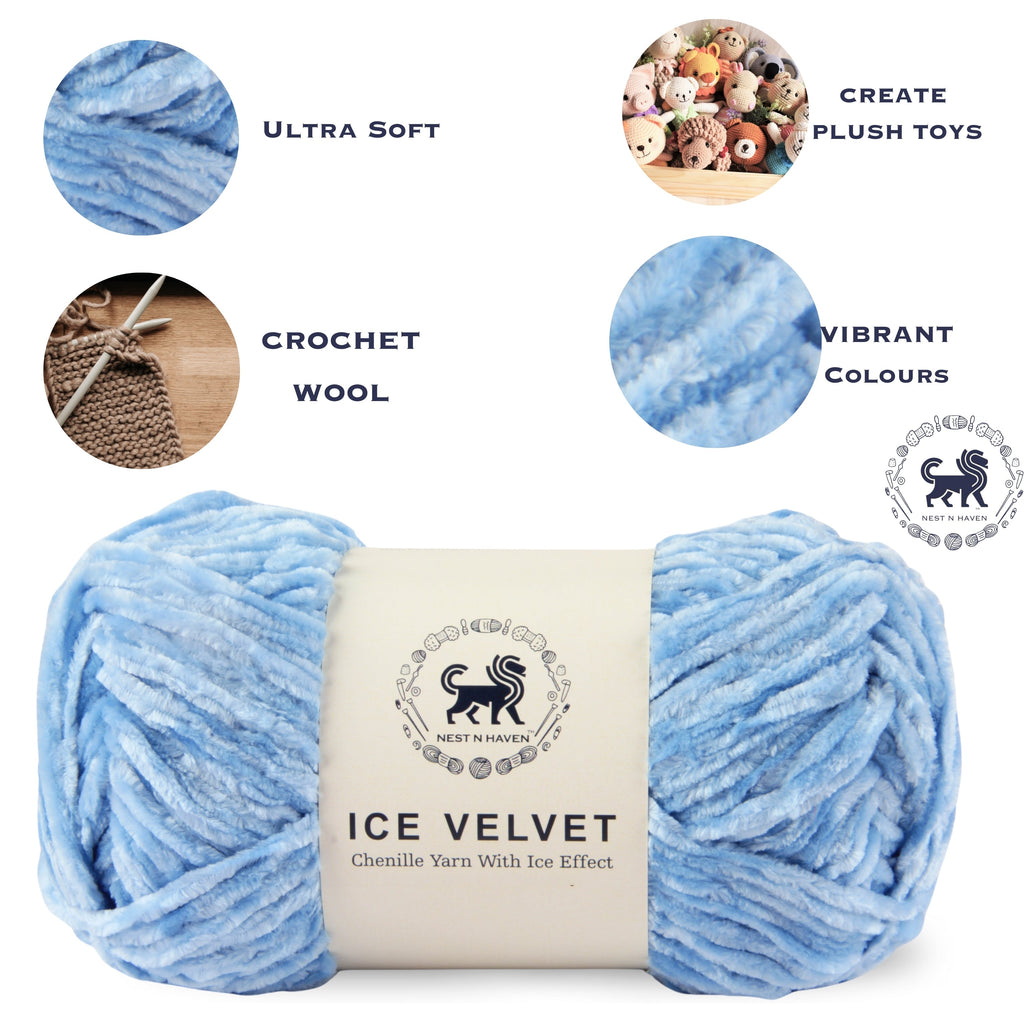 Ice Velvet Yarn, Chenille Supersoft Hand Knitting yarn Ball: (100 Gram) Ice Blue