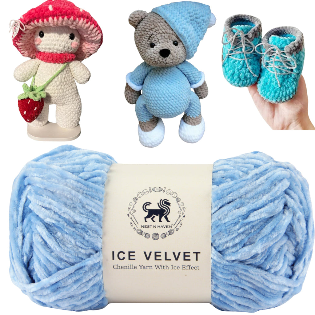 Ice Velvet Yarn, Chenille Supersoft Hand Knitting yarn Ball: (100 Gram) Ice Blue