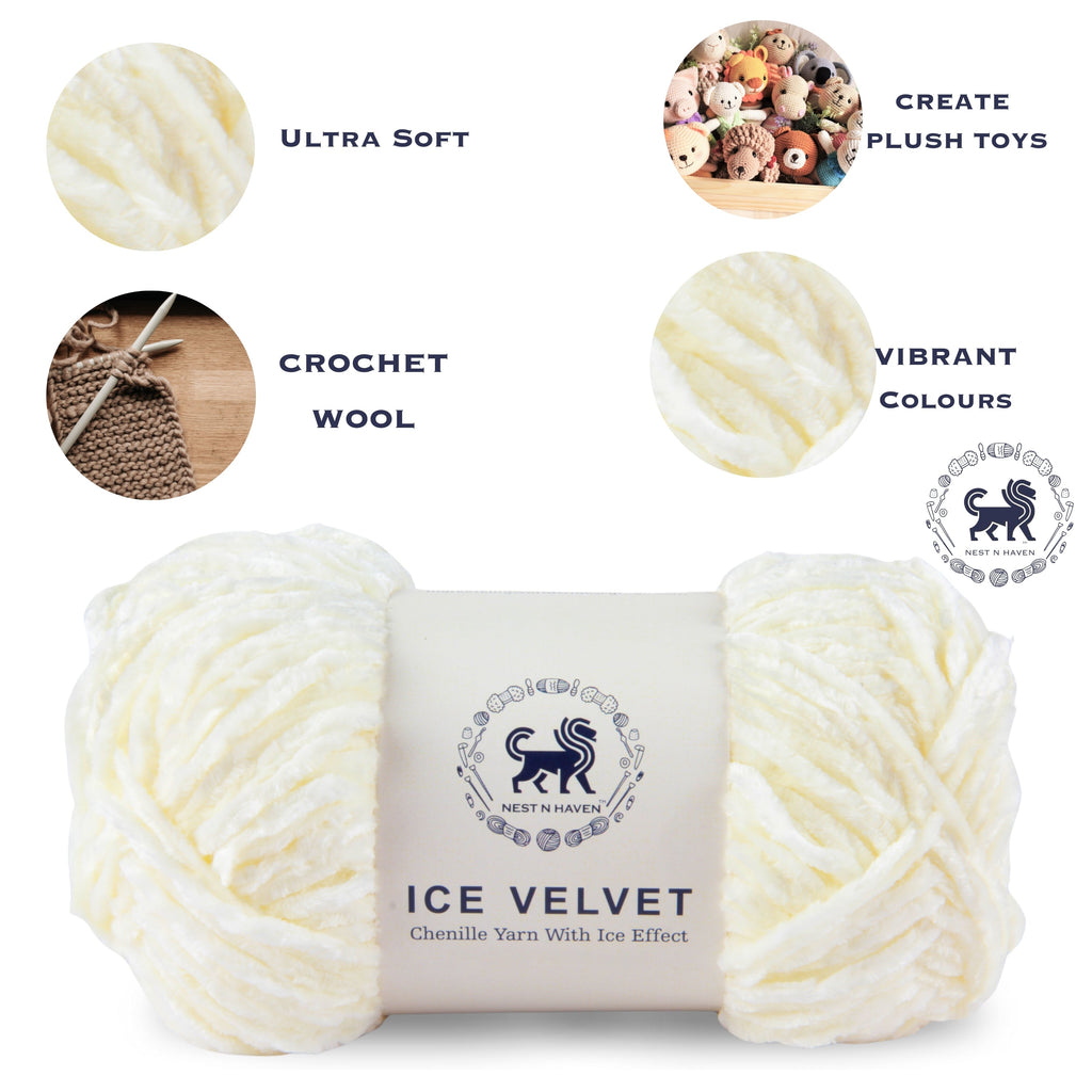 Ice Velvet Yarn, Chenille Supersoft Hand Knitting yarn Ball: (100 Gram) Off-White