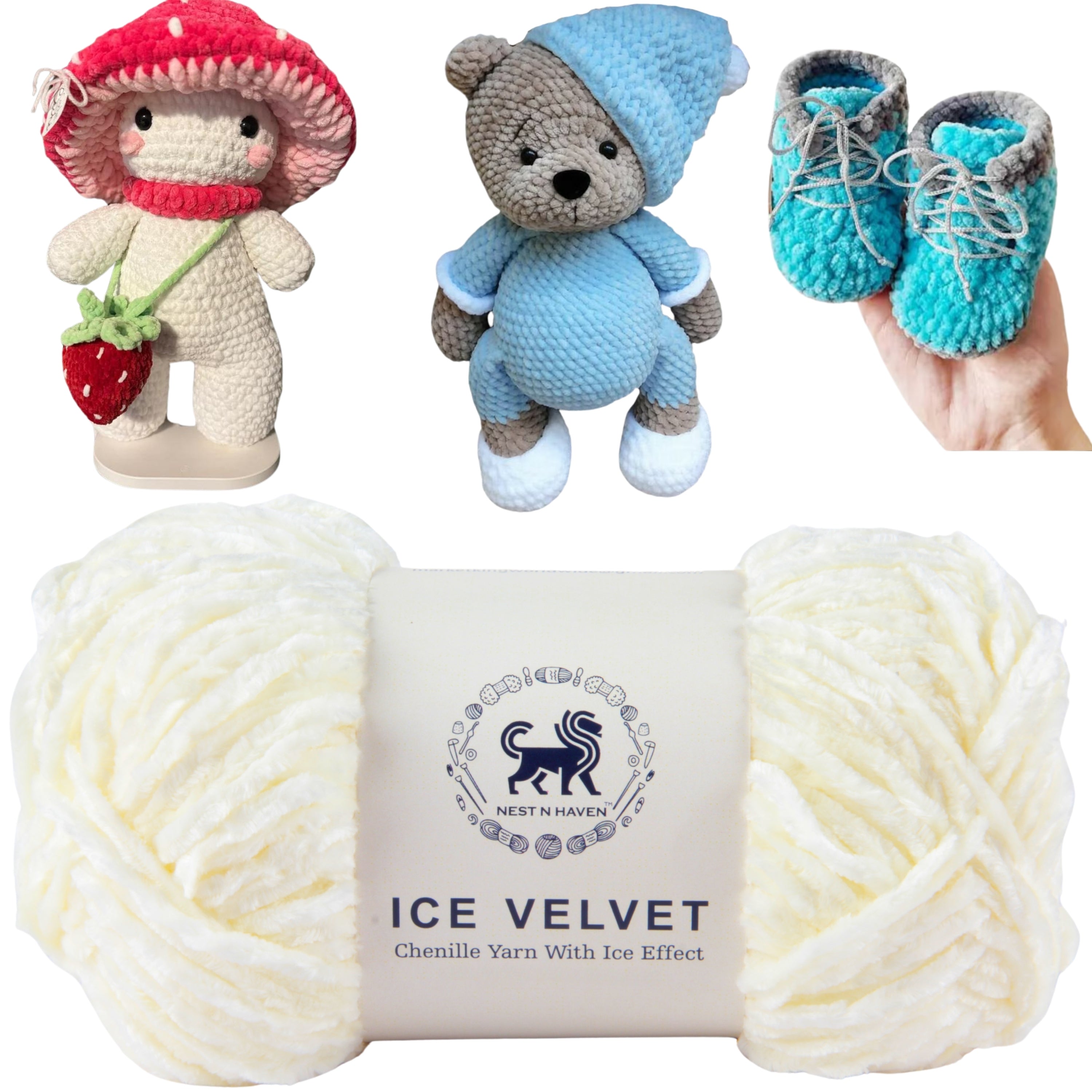 Ice Velvet Yarn, Chenille Supersoft Hand Knitting yarn Ball: (100 Gram) Off-White