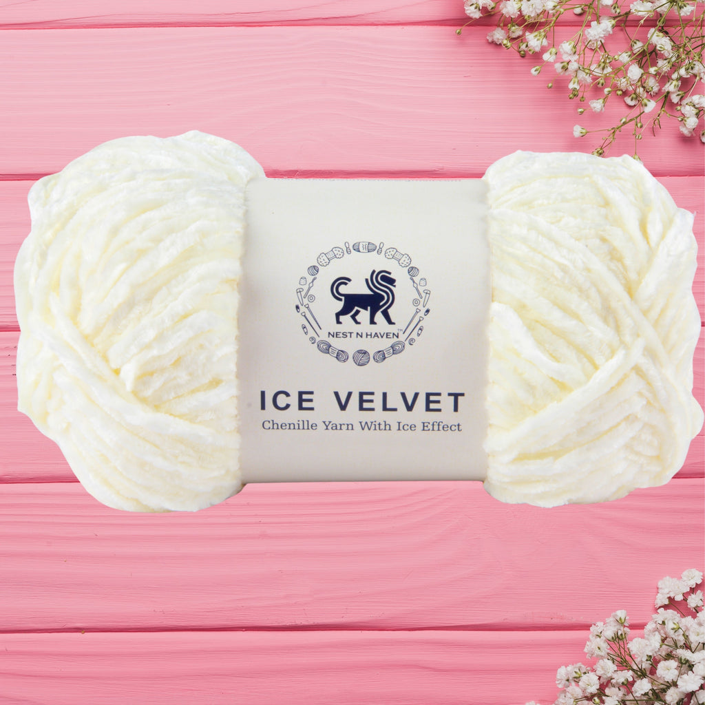 Ice Velvet Yarn, Chenille Supersoft Hand Knitting yarn Ball: (100 Gram) Off-White