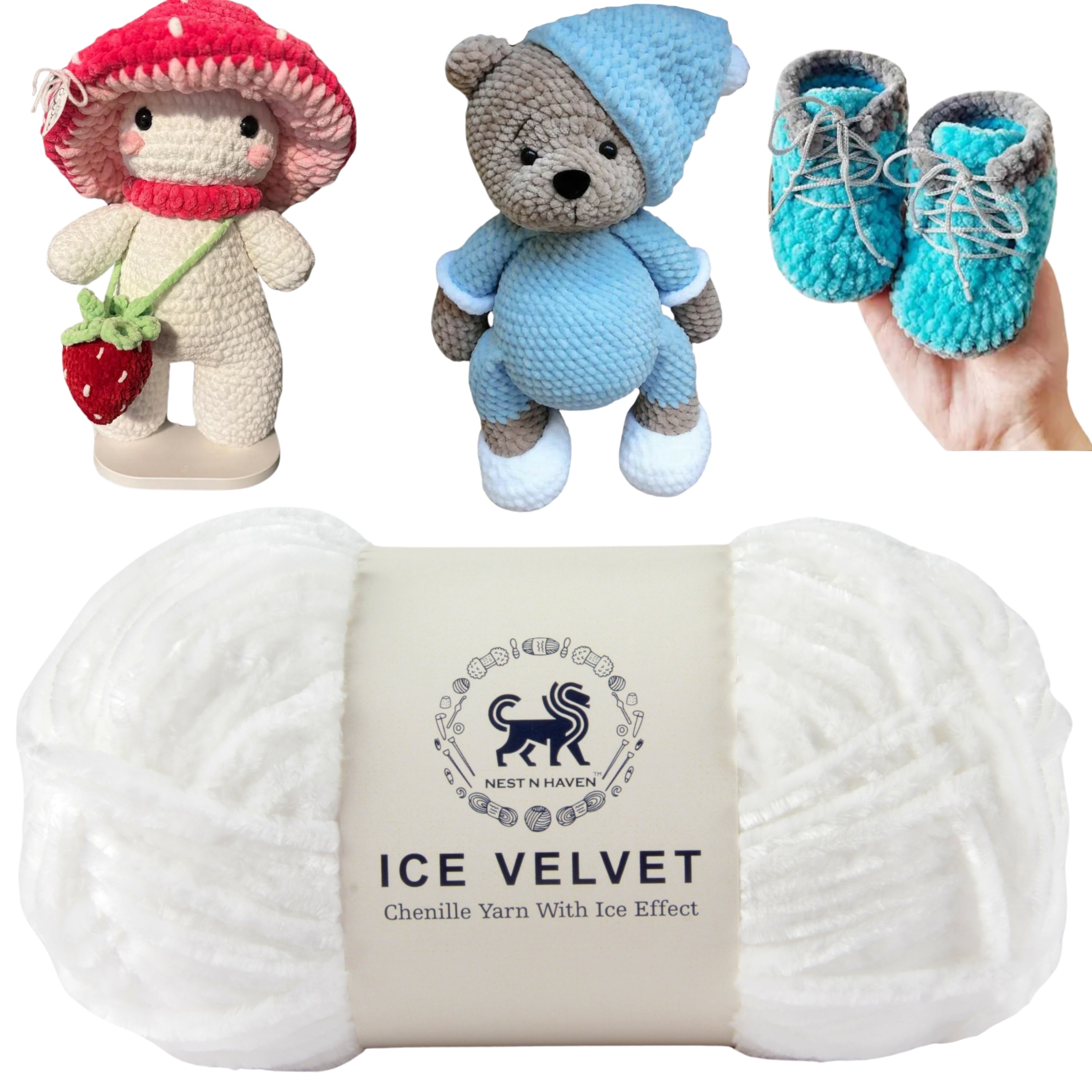 Ice Velvet Yarn, Chenille Supersoft Hand Knitting yarn Ball: (100 Gram) White